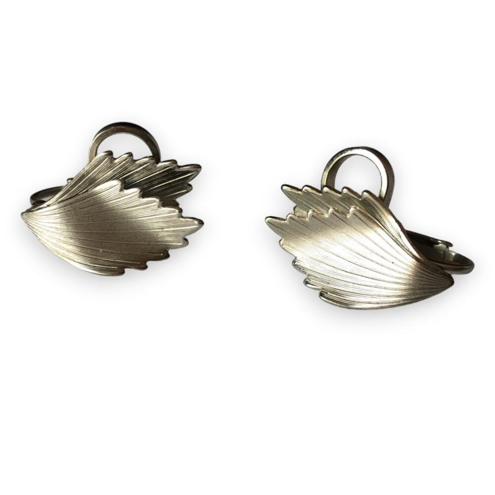 Matte silver tone abstract leaf clip-on earrings